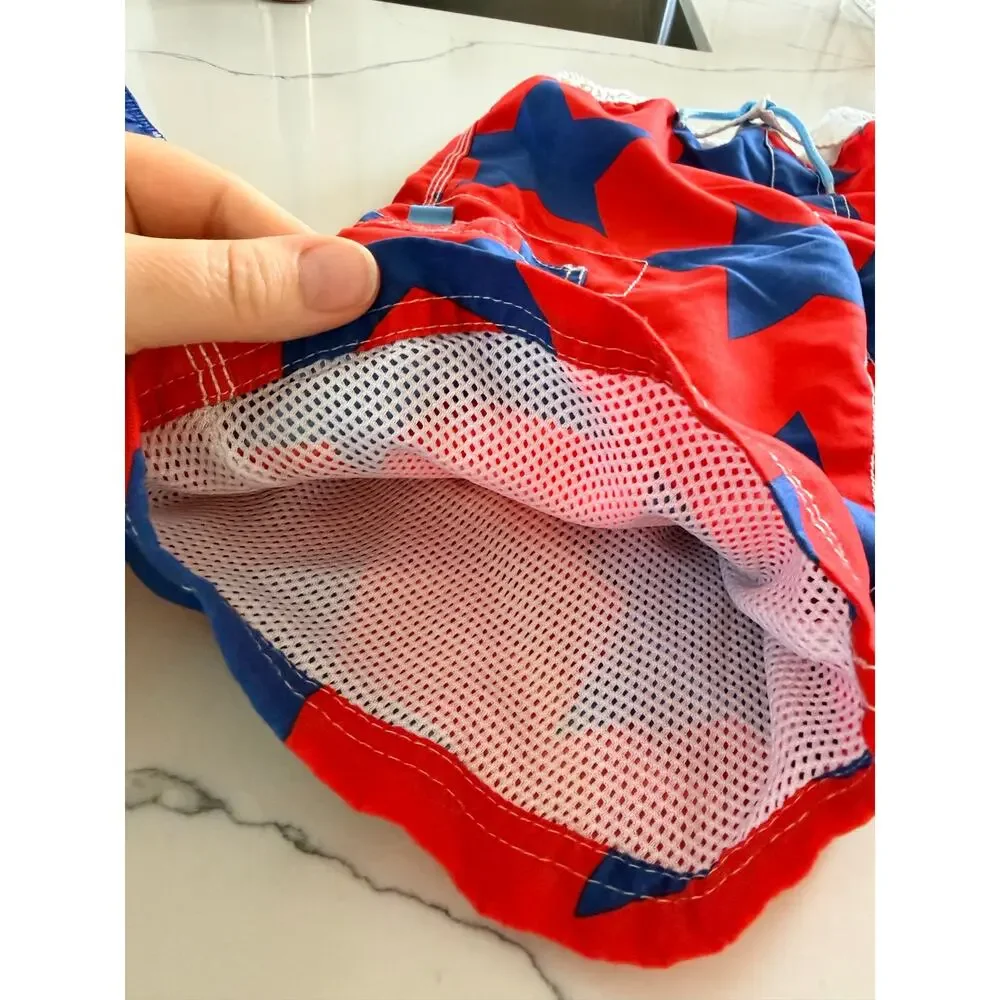 Mini Boden Boys' Swim Trunks - Orange Blue Star Print 7/8